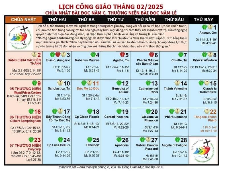 Lịch phụng vụ Giáo Phận Mỹ Tho tháng 02.2025