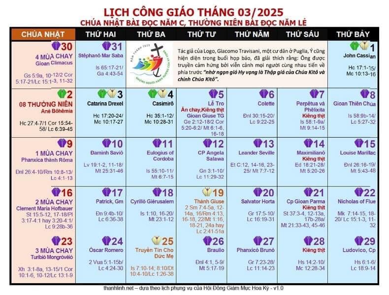 Lịch phụng vụ Giáo Phận Mỹ Tho tháng 03.2025