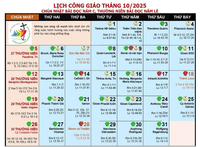 Lịch phụng vụ Giáo Phận Mỹ Tho tháng 10.2025