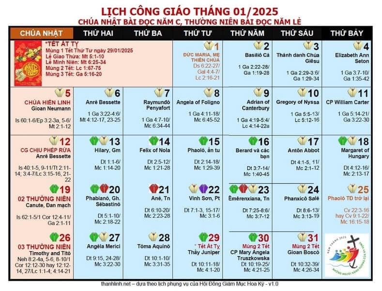 Lịch phụng vụ Giáo Phận Mỹ Tho tháng 01 .2025