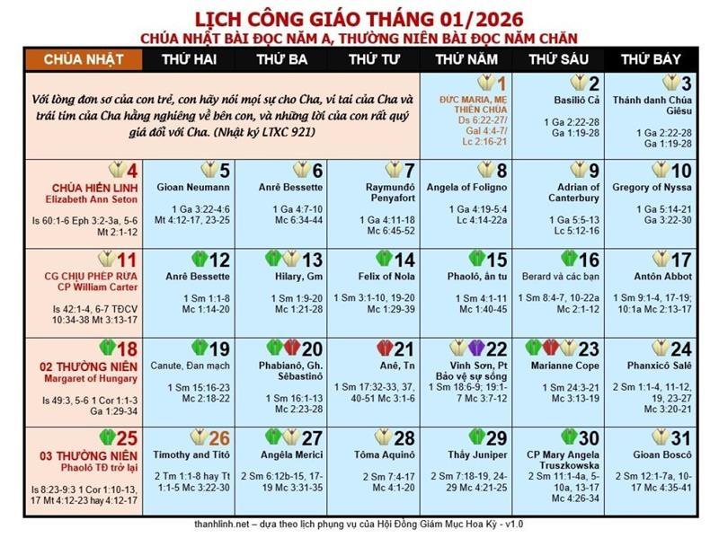 Lịch Phụng vụ Giáo phận Mỹ Tho - Tháng 01.2026