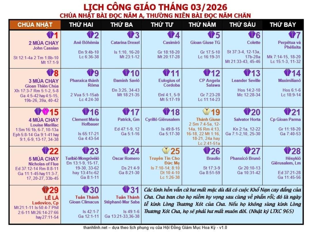 Lịch Phụng vụ Giáo phận Mỹ Tho - Tháng 03.2026