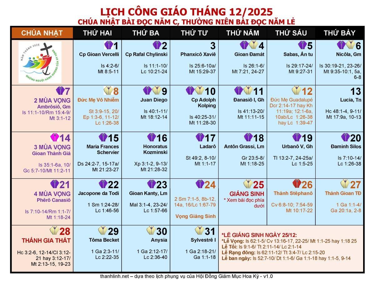 Lịch phụng vụ Giáo Phận Mỹ Tho tháng 12.2025