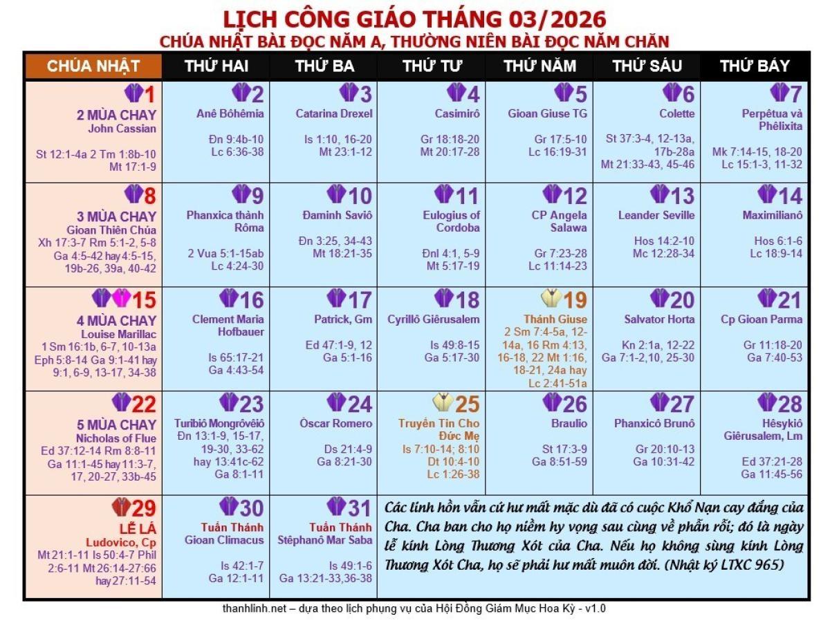Lịch Phụng vụ Giáo phận Mỹ Tho - Tháng 03.2026